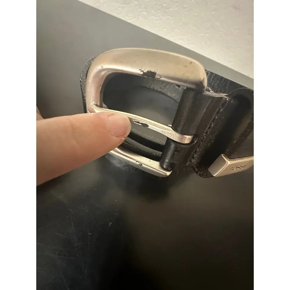 Fossil Black Leather Belt Men XL Silver Buckle Elegant Glam Old Money Preppy